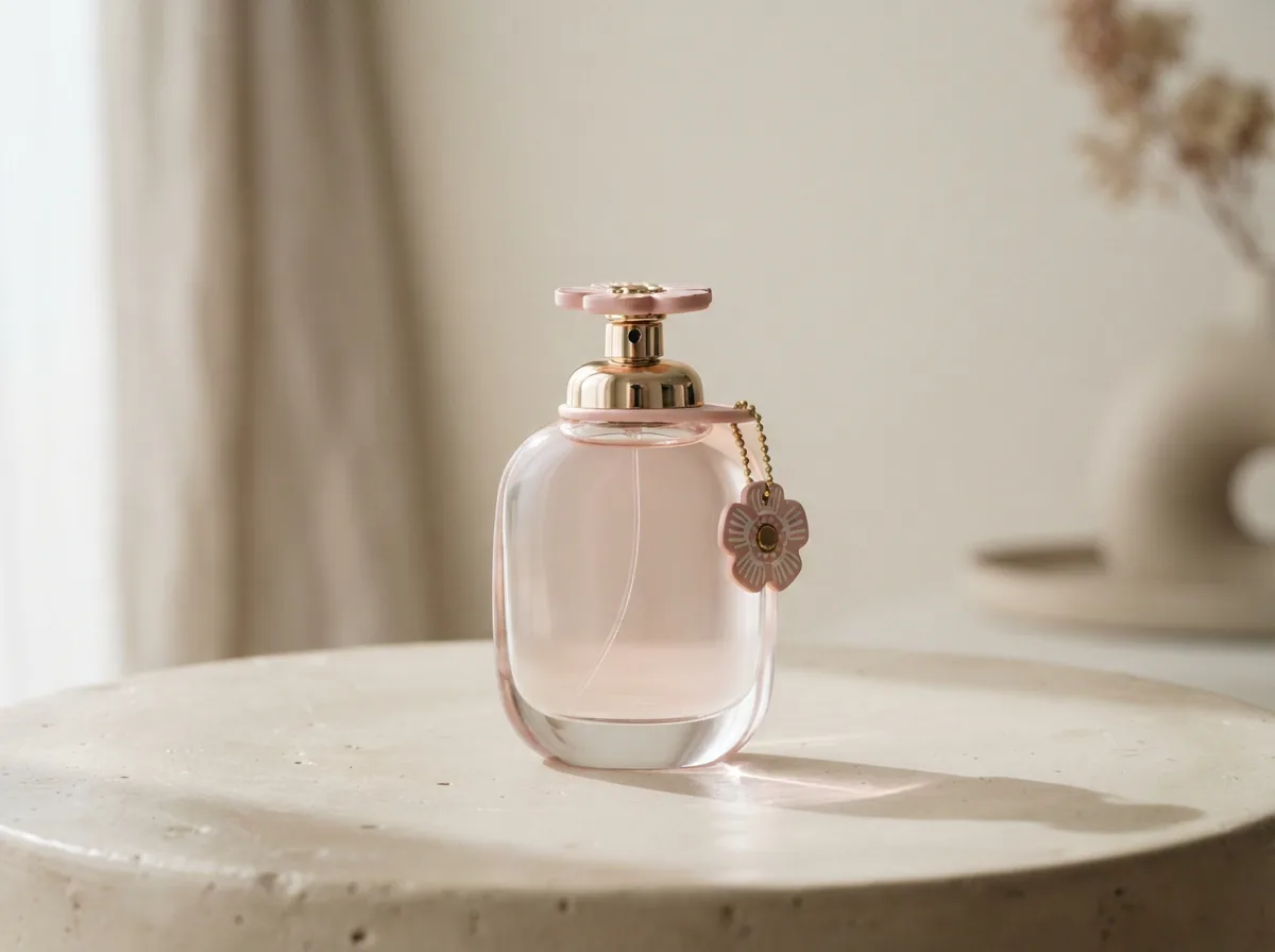 Coach Floral perfume bottle with a question mark symbol, indicating FAQ section.