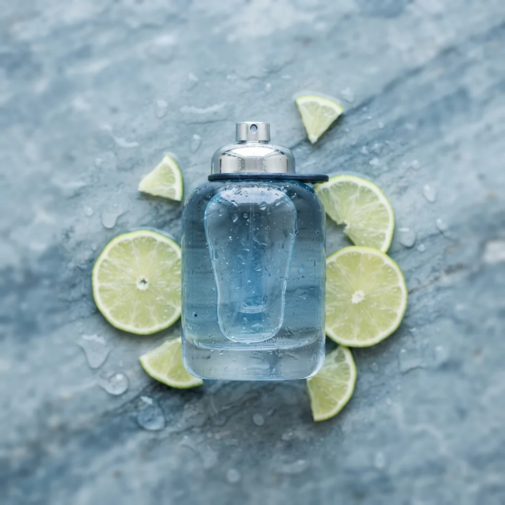 Coach Blue cologne bottle with citrus accents displayed against a blue-toned background.