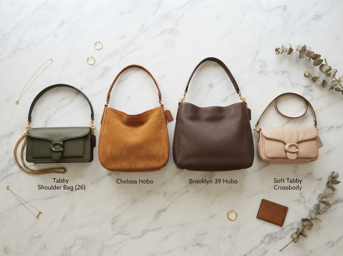 Coach handbag comparison scene with various styles