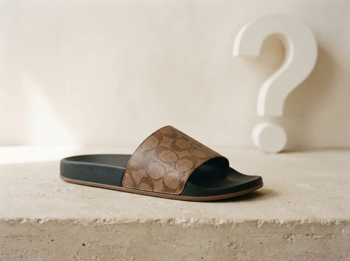 Coach Udele Slide displayed with a question mark symbol in a clean setting