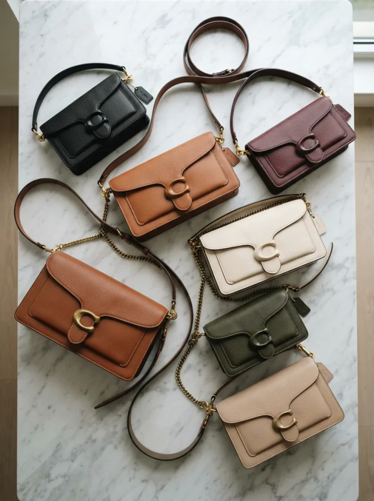 Assortment of Coach Tabby bags displayed on a neutral background.