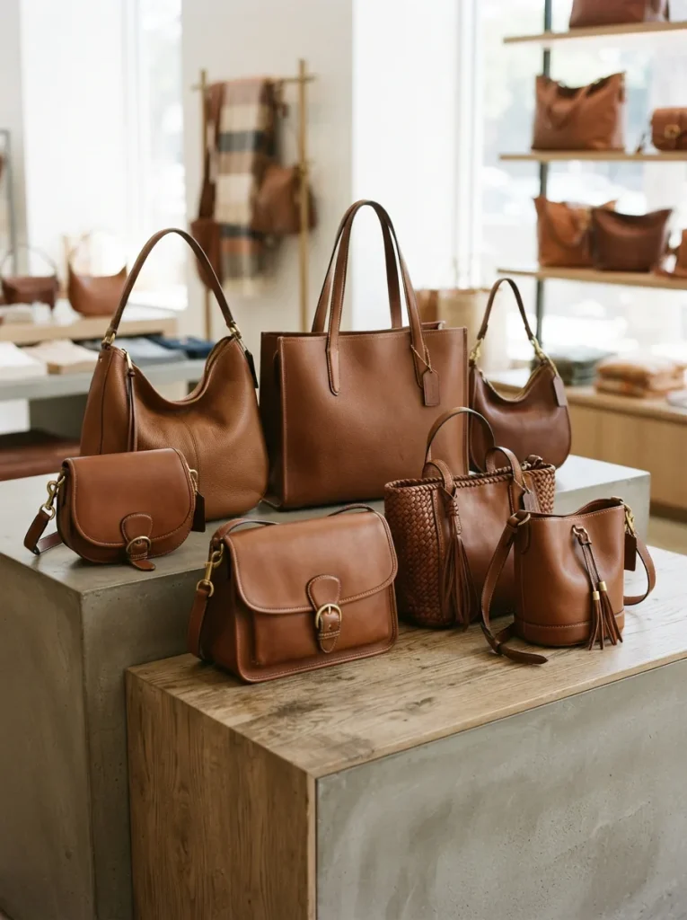 Coach brown leather shoulder bags displayed on a neutral background.