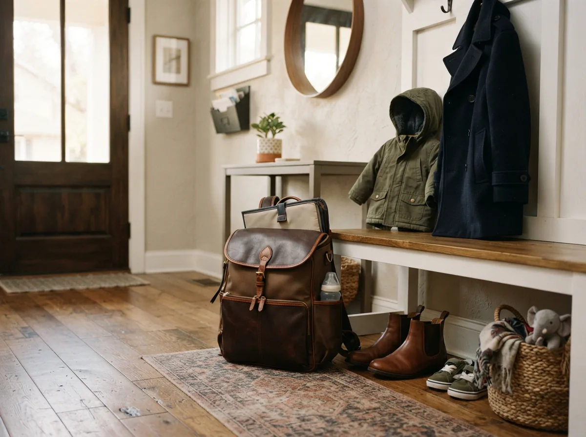 A Coach diaper bag in a lifestyle setting, suggesting versatility for different scenarios.