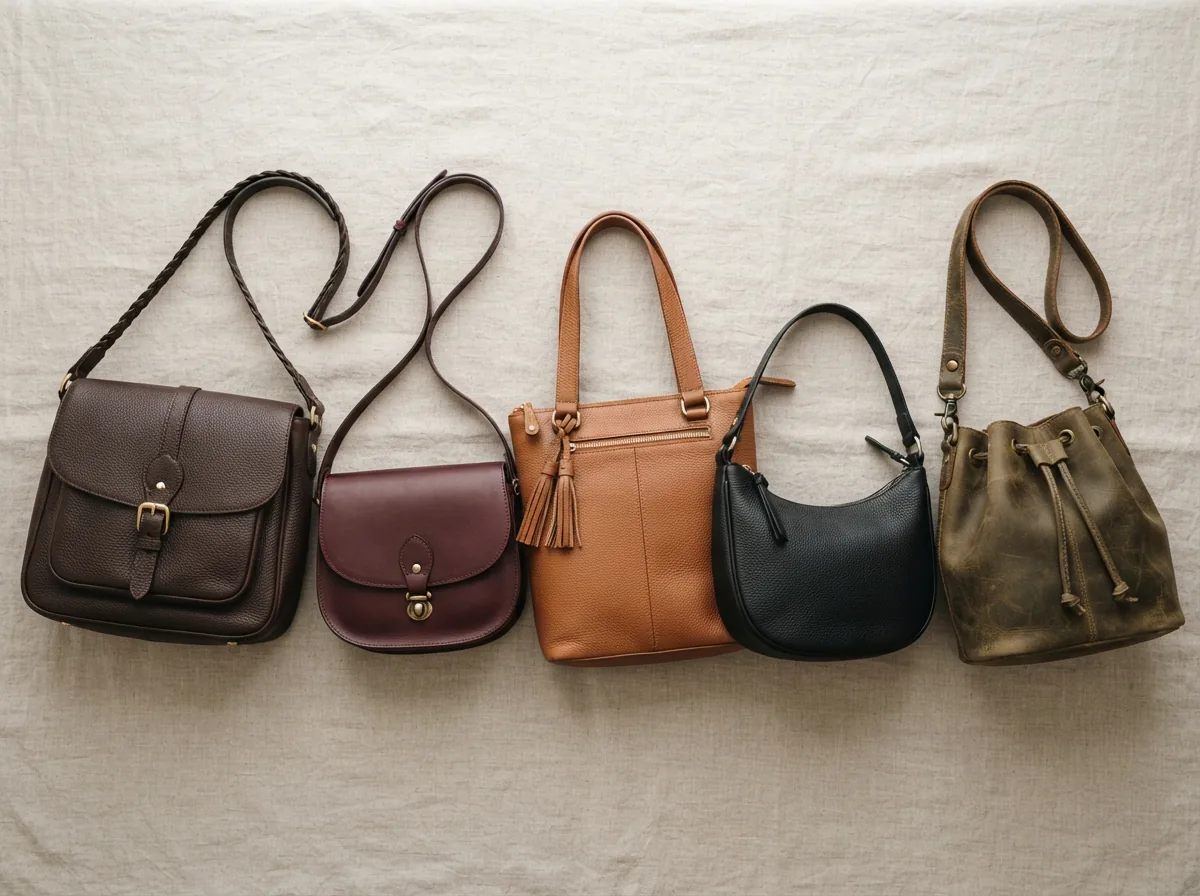 Overhead view of assorted Coach shoulder bags with different leathers and hardware.
