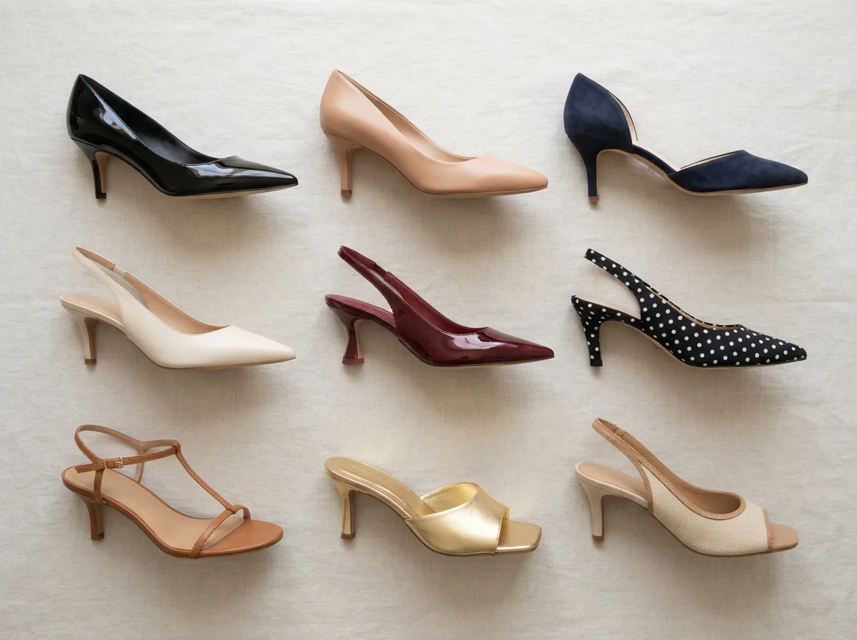 A side-by-side comparison of kitten heel styles showing variations in heel height, materials, and designs.