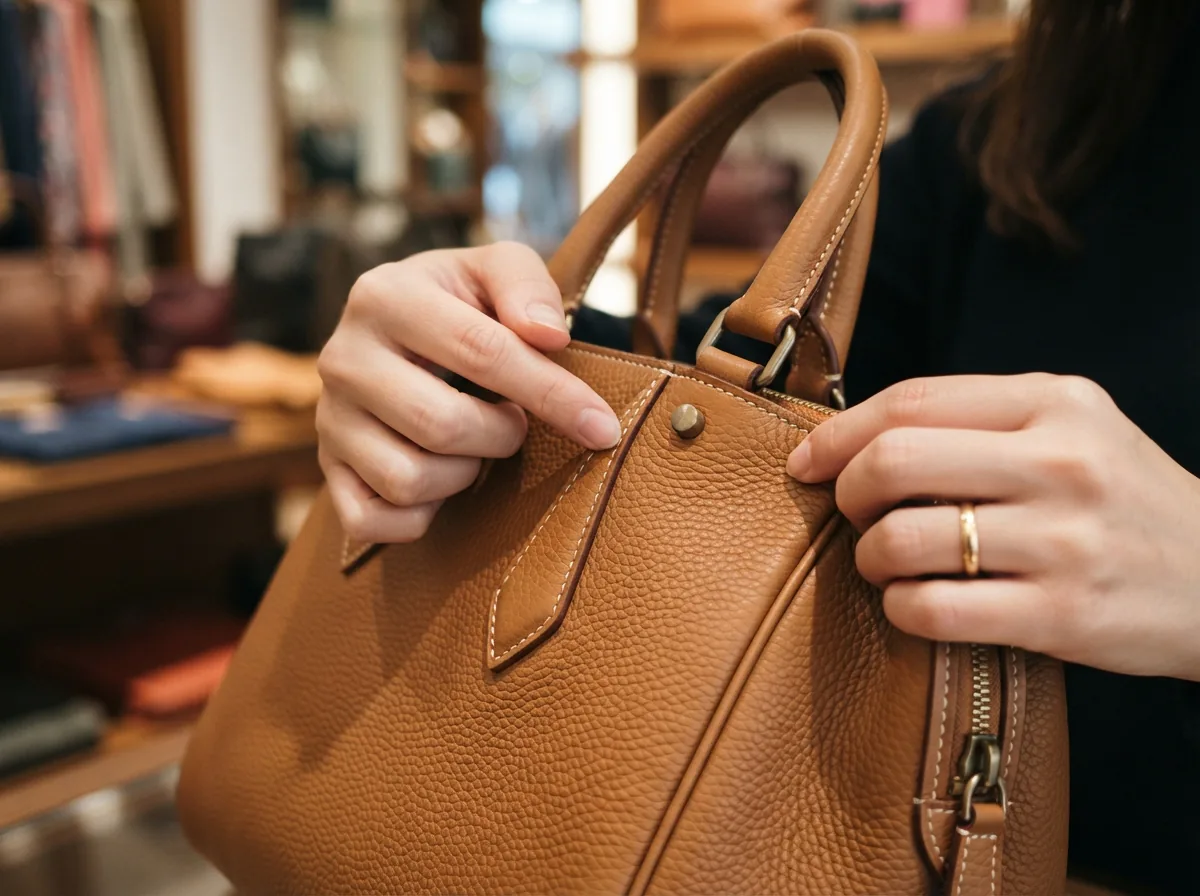 A person inspecting a Coach handbag's details in a well-lit room, focusing on craftsmanship.