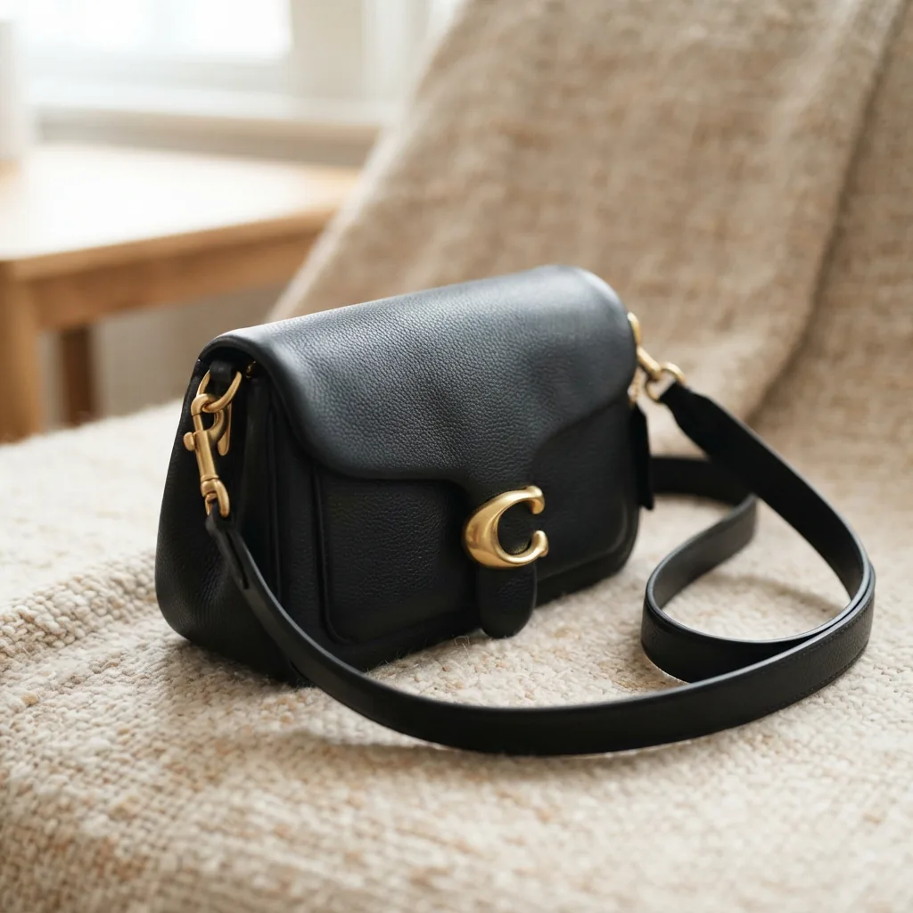Soft Tabby Shoulder Bag 20 in black leather with gold metal accents and adjustable strap, shown in a lifestyle context.