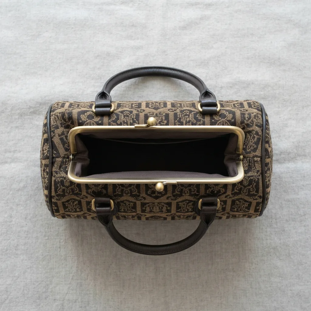 Coach Kisslock Barrel Bag In Signature Jacquard highlighted for its size.