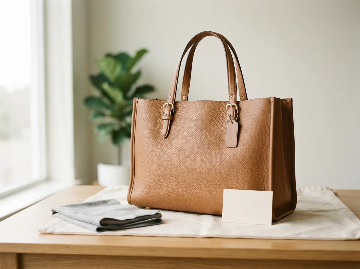 A helpful scene with a Coach tote bag displayed alongside care tips or selection guides for practical advice.