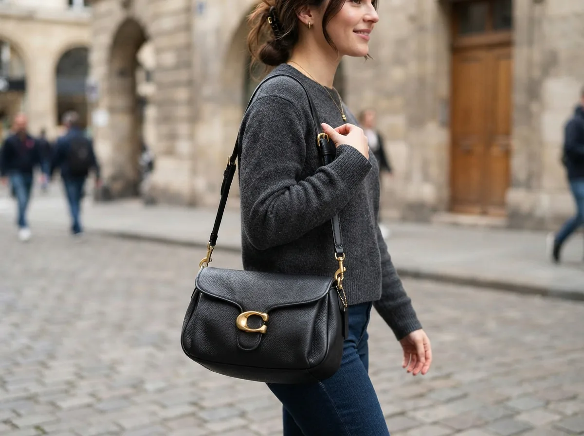 Soft Tabby Shoulder Bag 20 by Coach in black leather with crossbody strap.