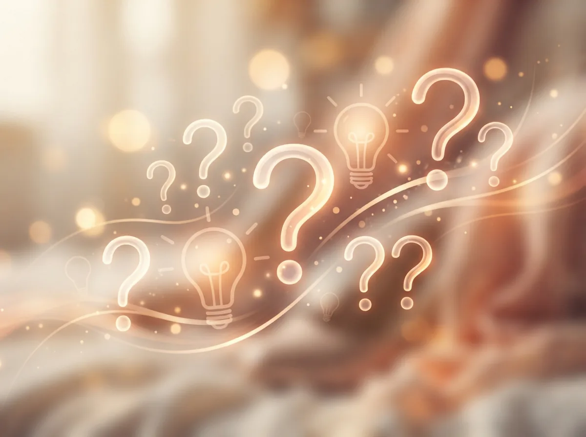 A conceptual scene representing customer questions about kitten heels, with visual motifs like light bulbs or question marks.
