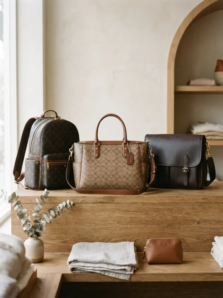 Coach diaper bags displayed in a stylish setting, showcasing various designs and materials.