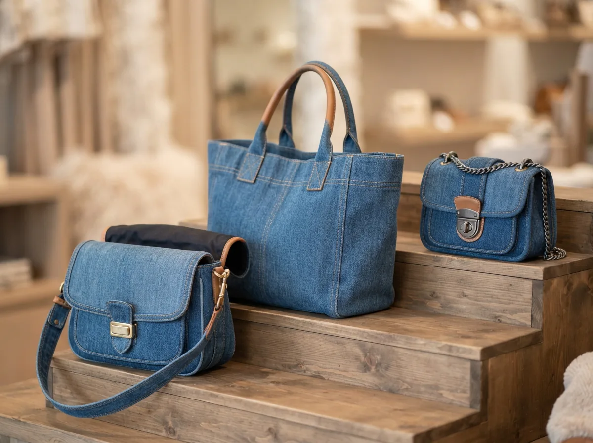 A collection of Coach denim bags categorized by type, such as shoulder bags, totes, and mini bags, arranged for easy comparison.