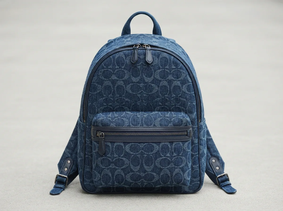Close-up details of Coach Taylor Signature Denim Backpack for FAQ illustration.