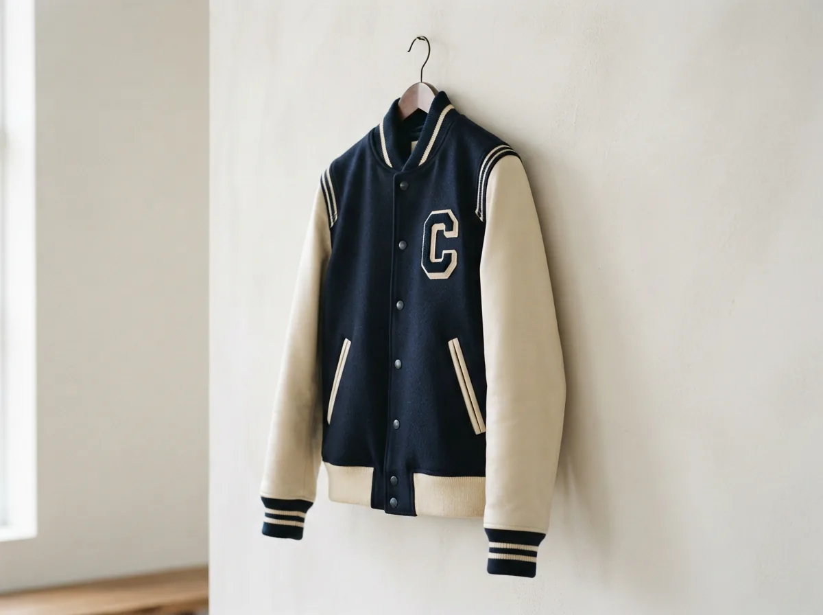 The Coach Women's Luxe Wool-Cashmere Varsity Jacket displayed on a hanger, emphasizing its premium texture.