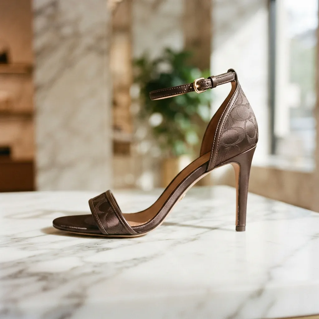 The Coach Margot En Jacquard Satiné sandal displayed to showcase its intricate satin weave pattern.