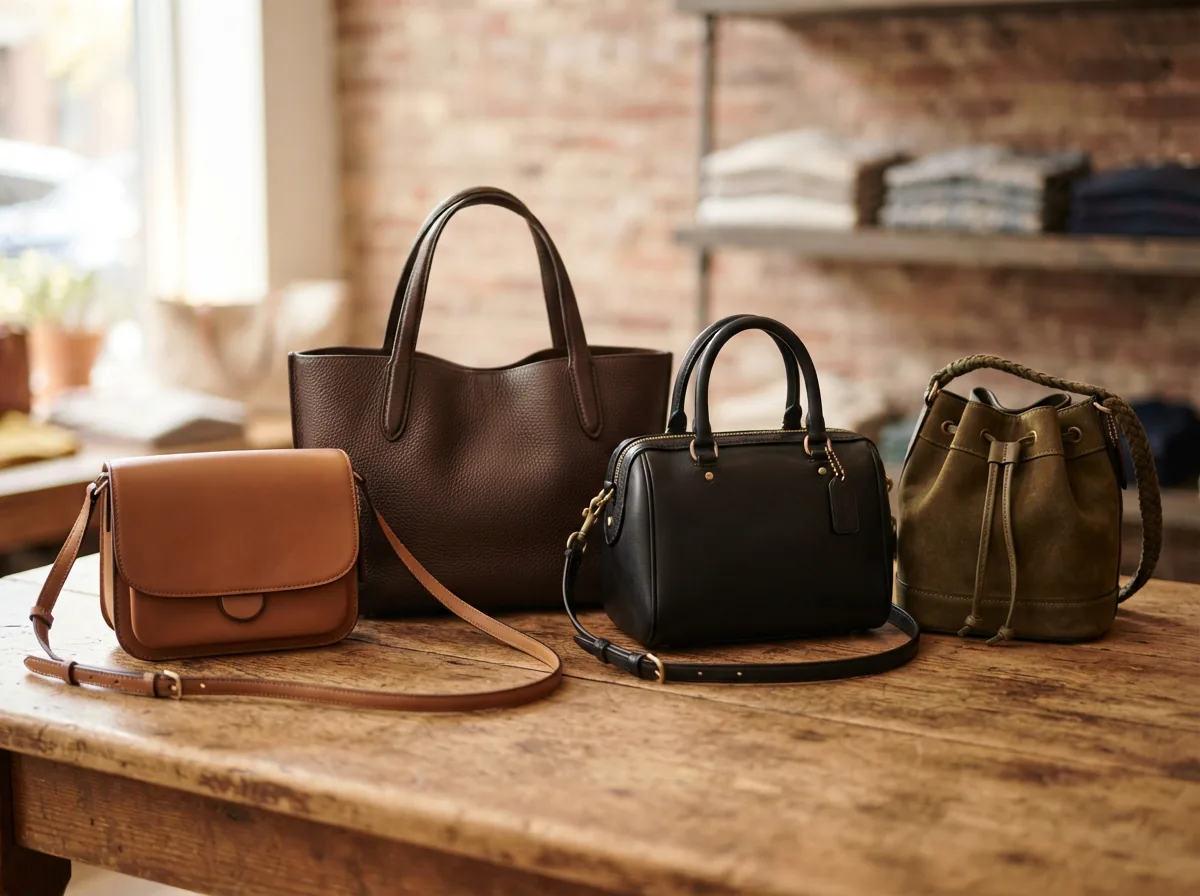 Coach handbags arranged on a table, displaying differences in size, material, and carry styles.