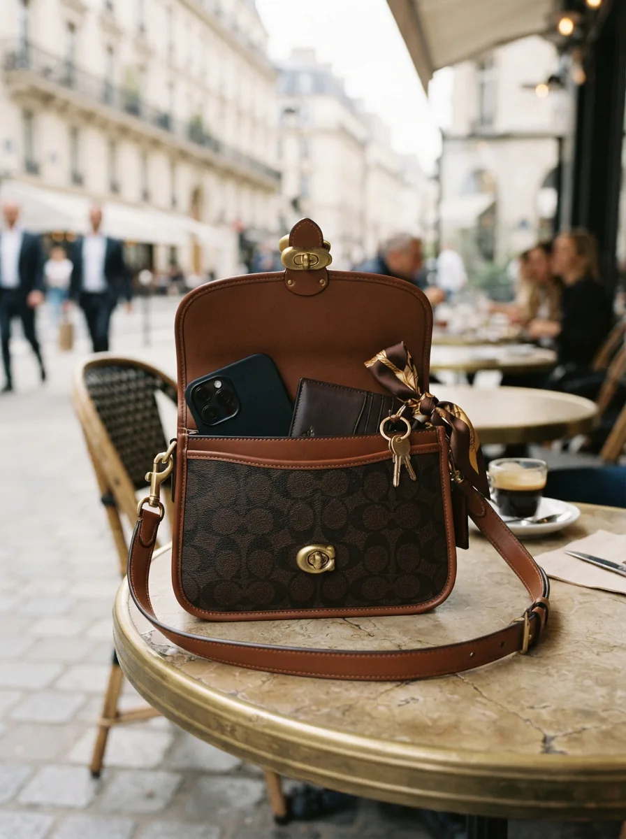 Coach Plaza Bag 18 in Signature Canvas with daily essentials like phone and keys elegantly arranged.