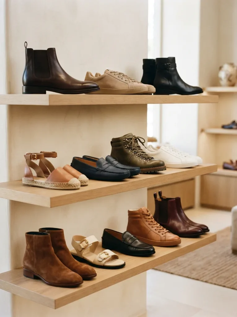 An array of Coach shoes displayed on a stylish shelf, featuring sneakers, sandals, and boots in a boutique setting.