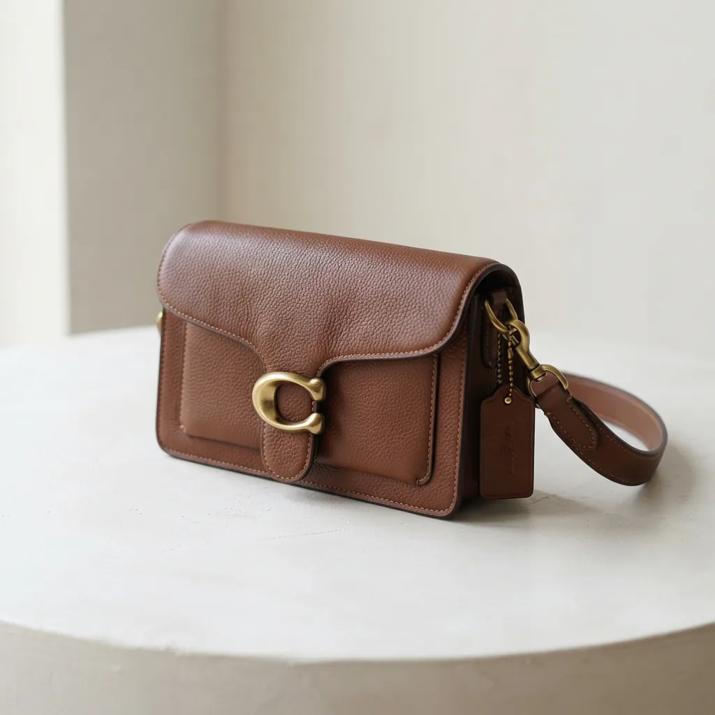 Tabby Shoulder Bag 26 in brown leather with logo and brass hardware, displayed on a neutral background.