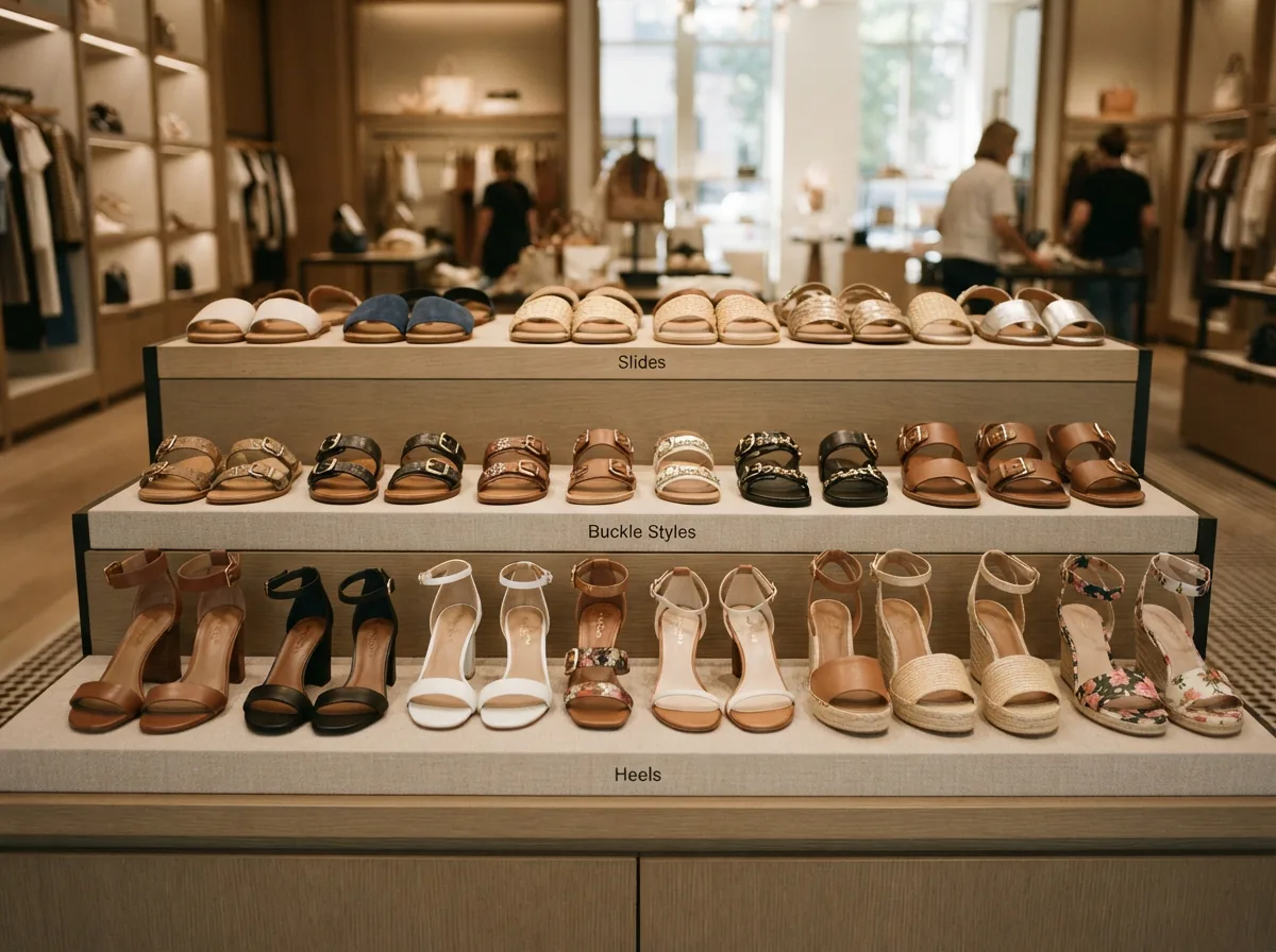 Assortment of Coach sandals categorized by type to show range.