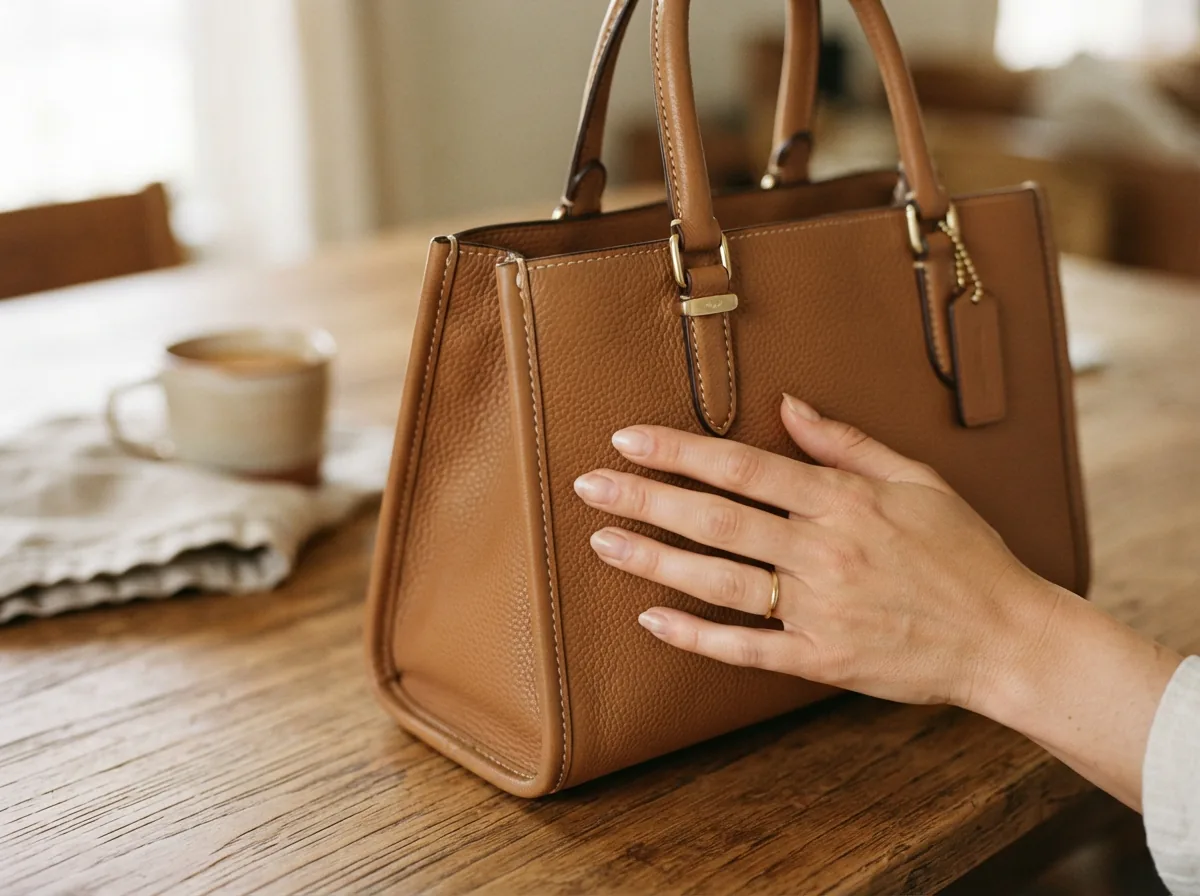 A close-up of a Coach purse being inspected for quality details