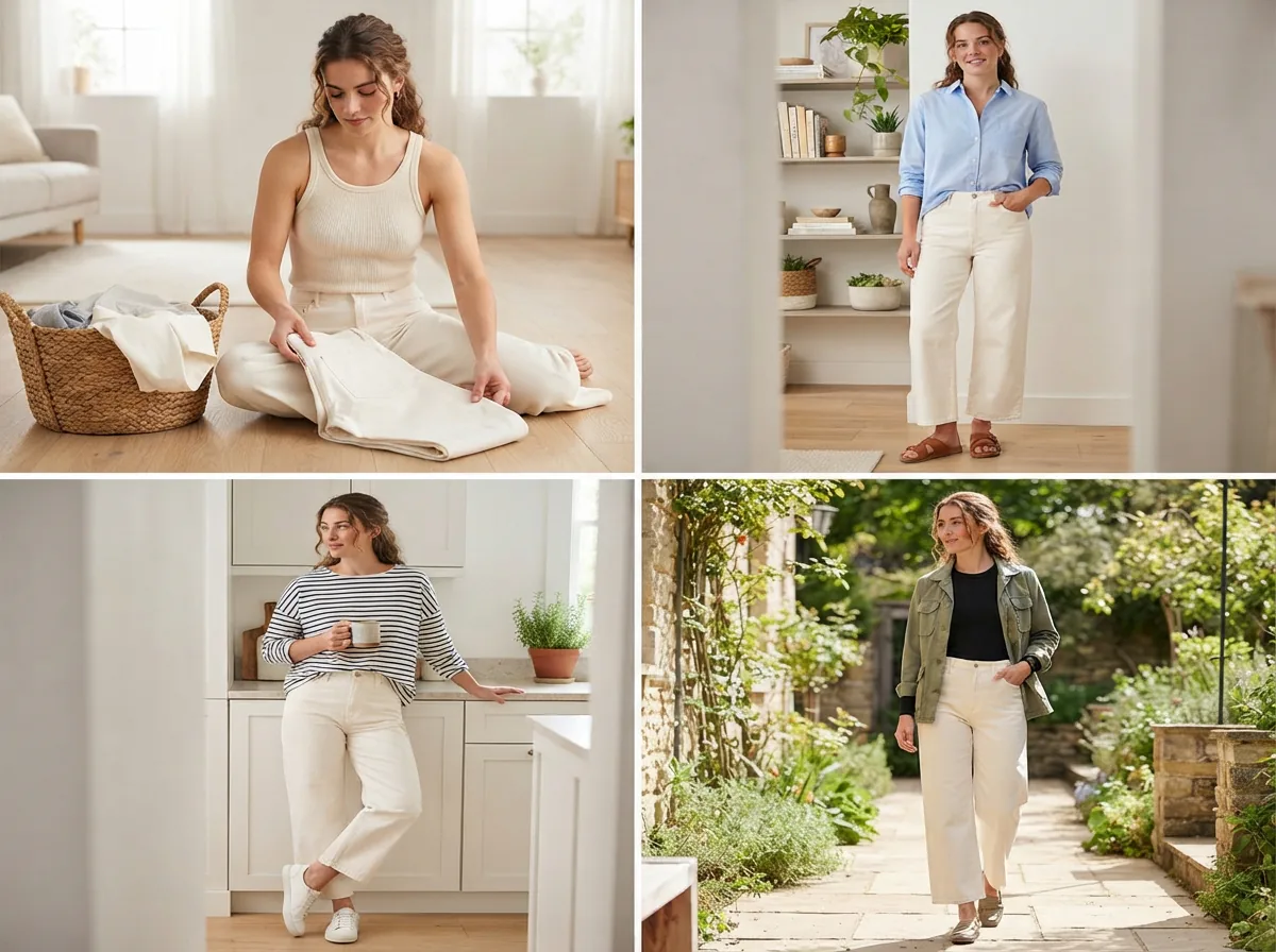 A model styling the Coach pants with different tops, demonstrating versatility in a bright setting.