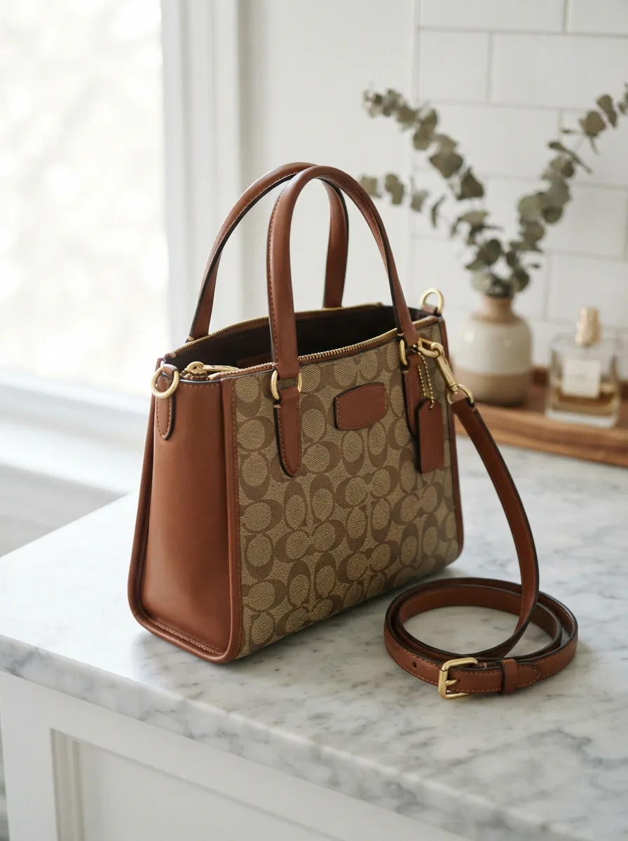 Coach Women's Maggie Small Tote Bag in Blocked Signature Canvas displayed on a marble surface.