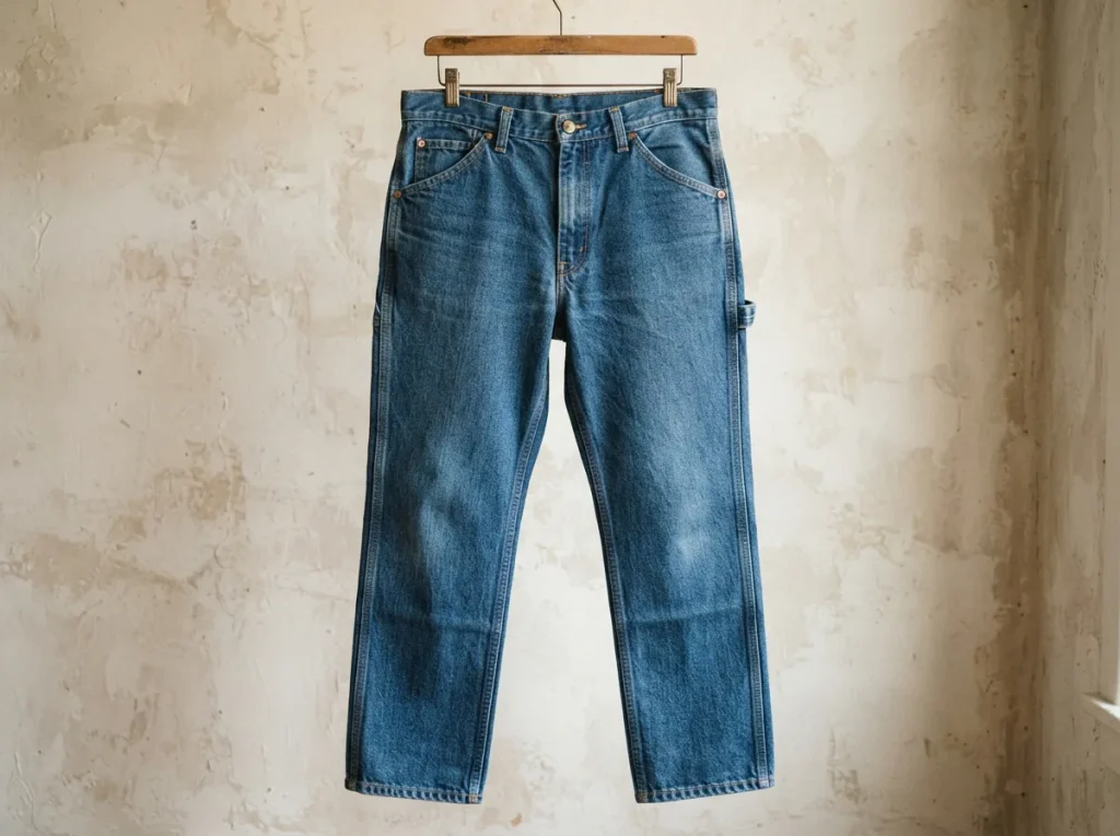 The carpenter pants hanging in a heritage-inspired closet setting.