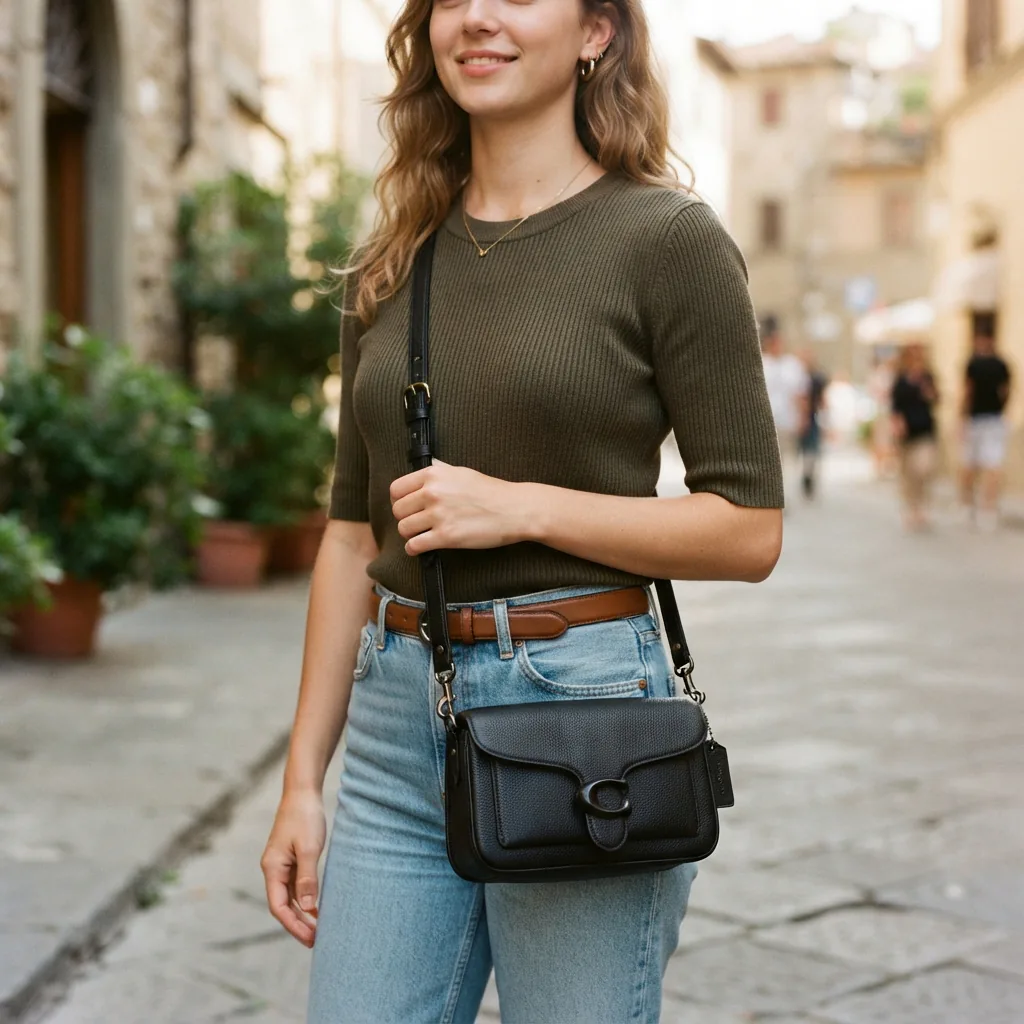 Soft Tabby Shoulder Bag 20 in black leather with adjustable strap and brass hardware.