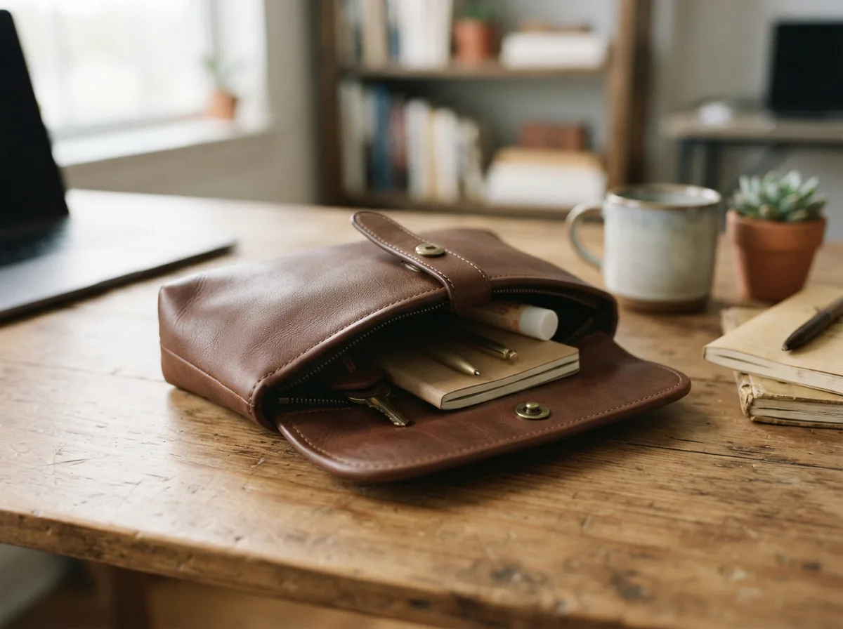Coach Ashton Pouch in soft leather with snap closure, placed on a desk with items inside.