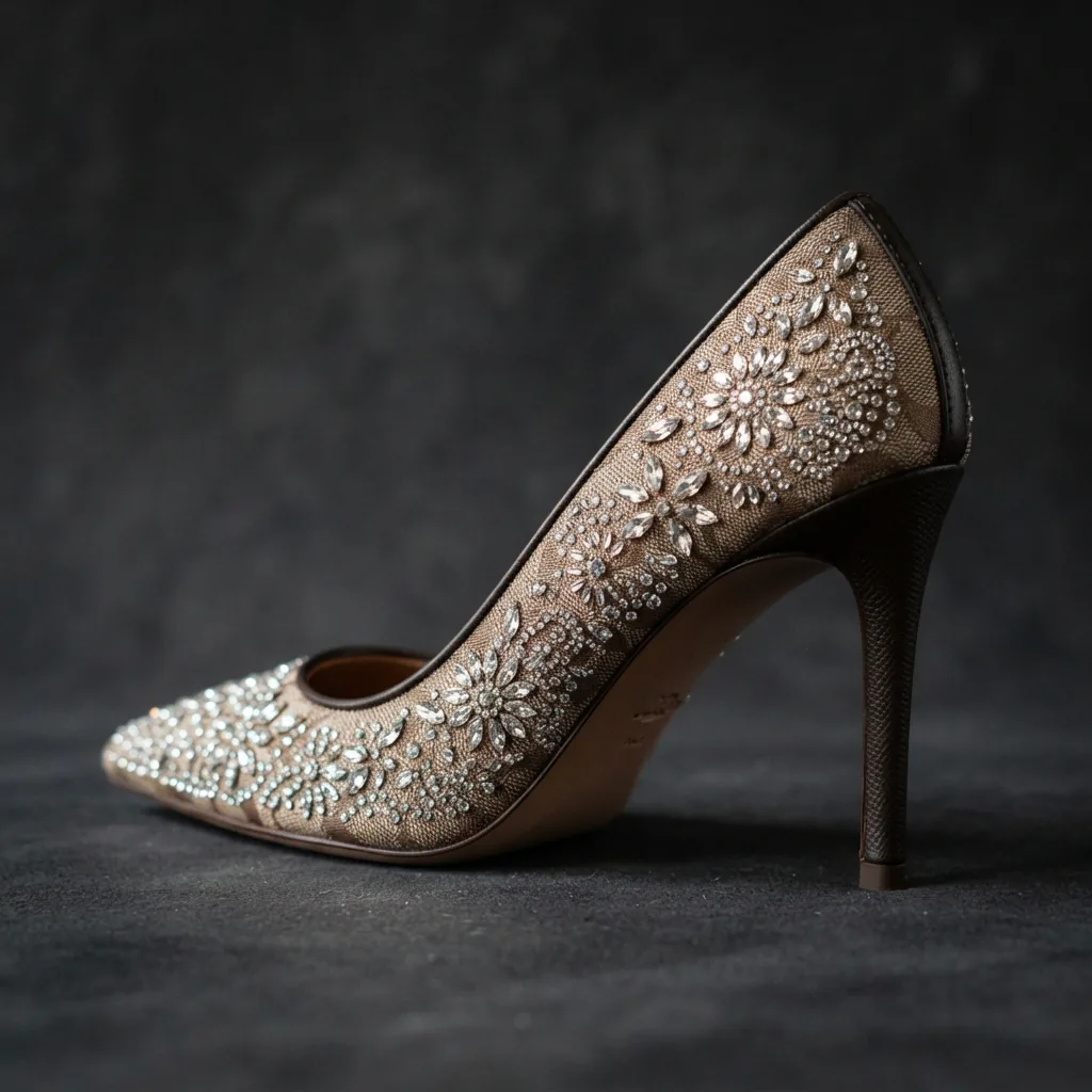 Daisy Crystal Jacquard Pump with crystal details under light