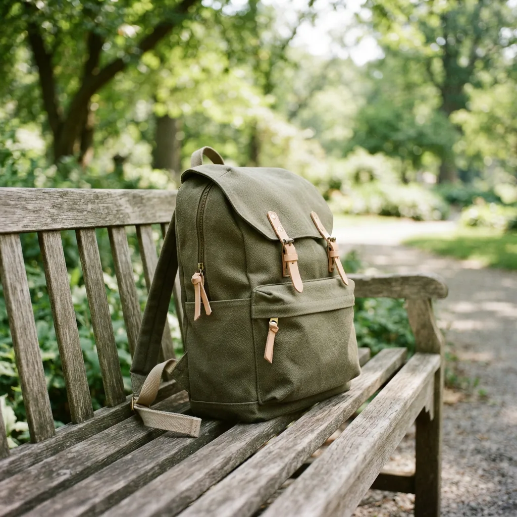 Taylor Backpack displayed in a casual outdoor setting, emphasizing sustainable materials.