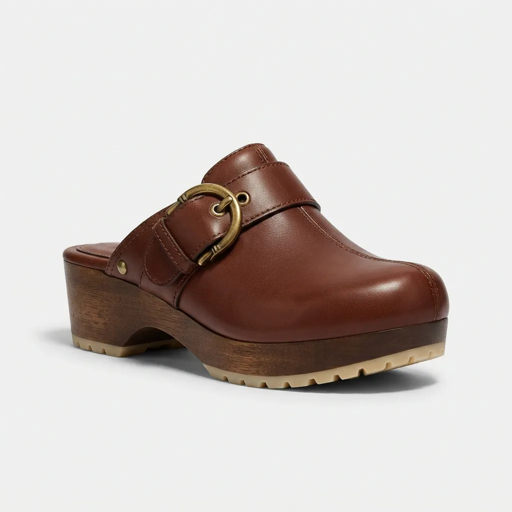 Coach Archival Buckle Clog in leather, side view.