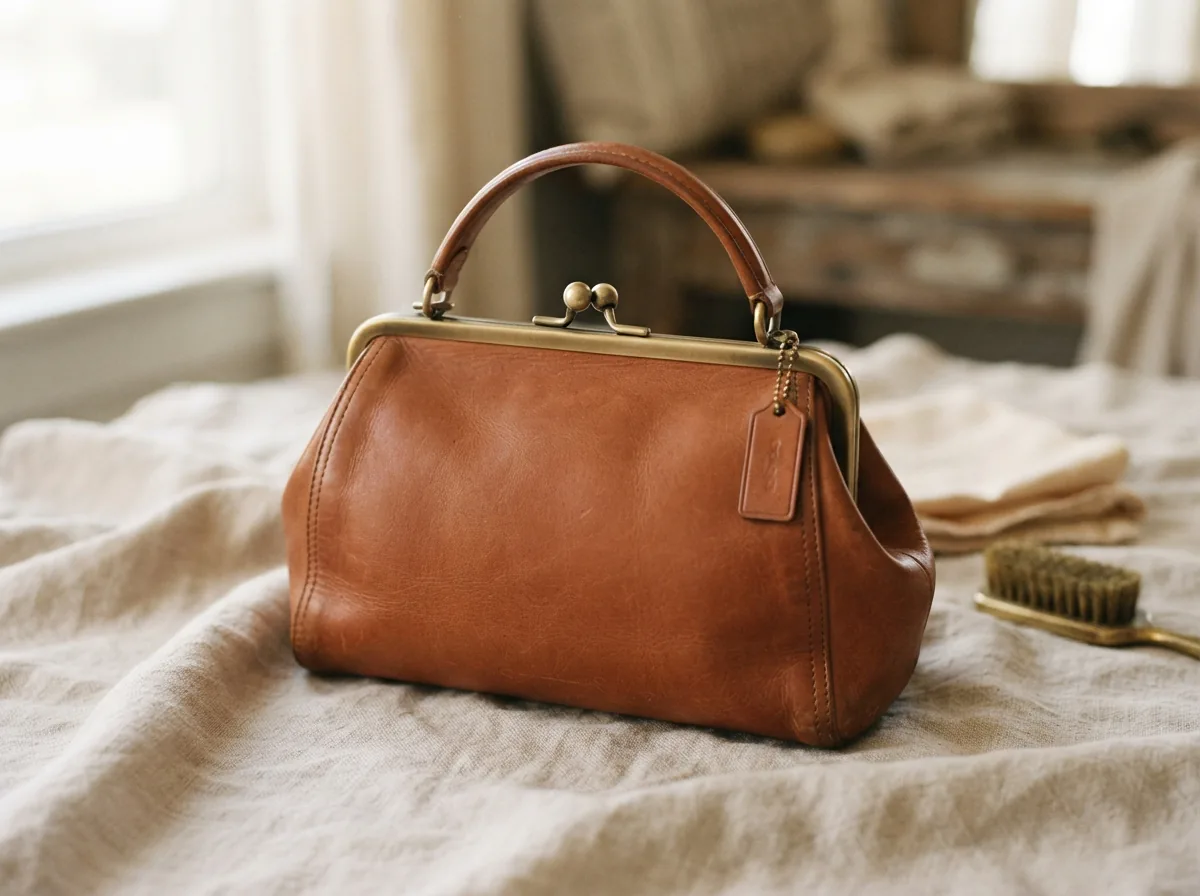 A collection of Coach Kisslock Bags arranged for a FAQ support scene.