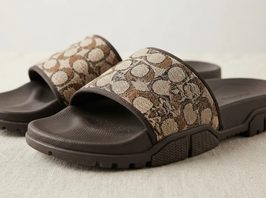Close-up of Coach Udele Sport Slides detailing the canvas texture, cushioned footbed, and outsole tread.