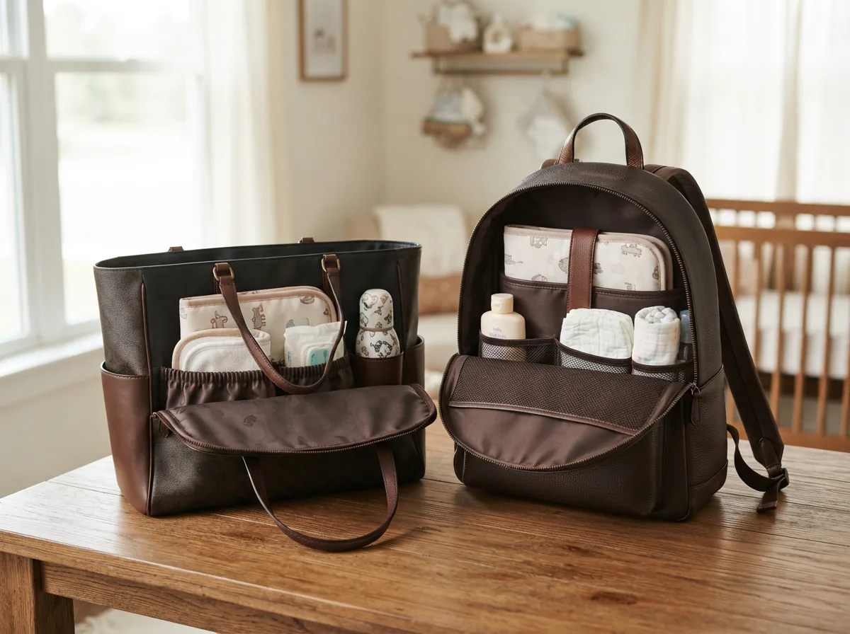 Coach diaper bags compared side by side on a neutral surface, showing size and compartment differences.