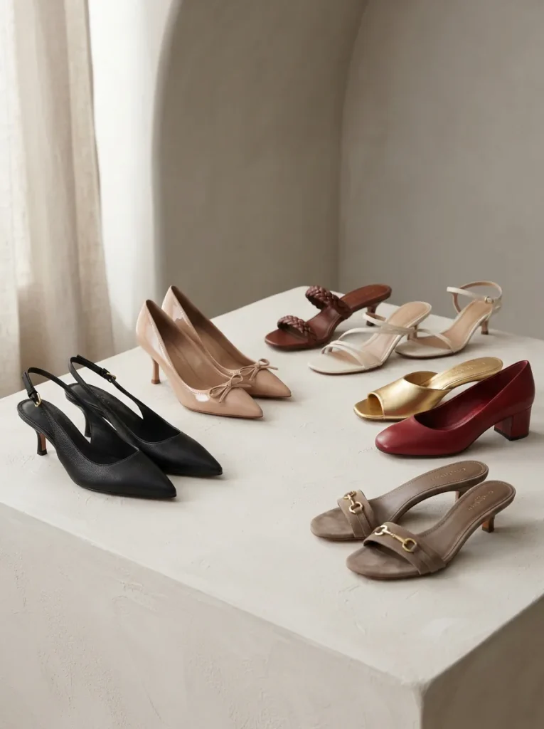 A curated display of Coach kitten heel sandals and pumps arranged elegantly on a neutral background, showcasing various styles and materials.