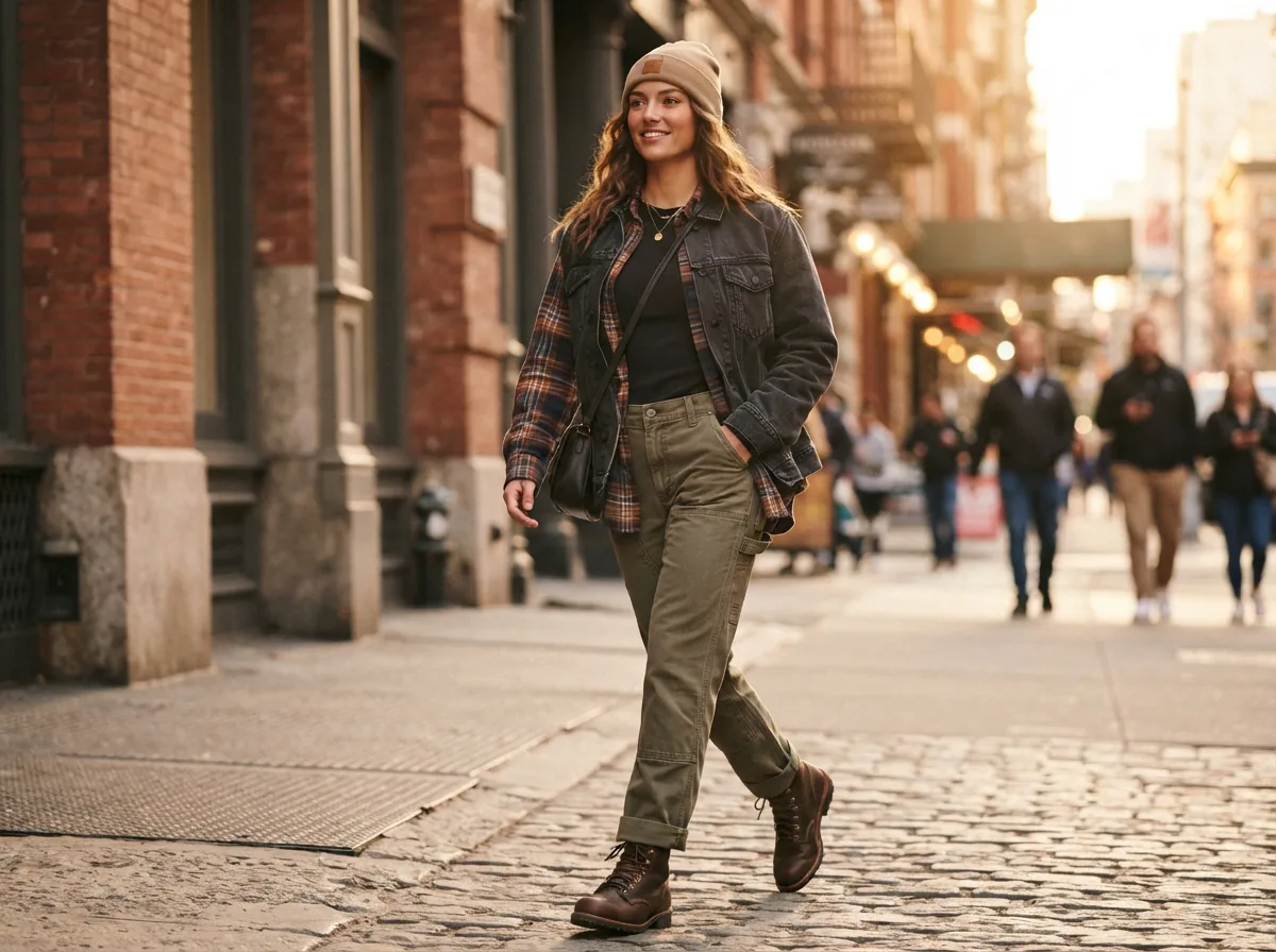 A lifestyle shot of the pants styled with a jacket in an urban environment.