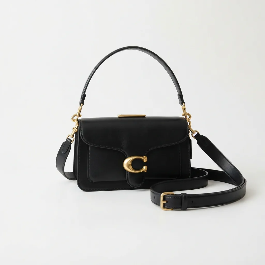 Black leather Coach Tabby Shoulder Bag 26 with crossbody strap on a neutral background.