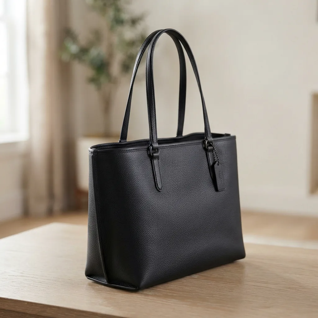 Medium black leather City Tote Bag by Coach, showing its size and sleek design.