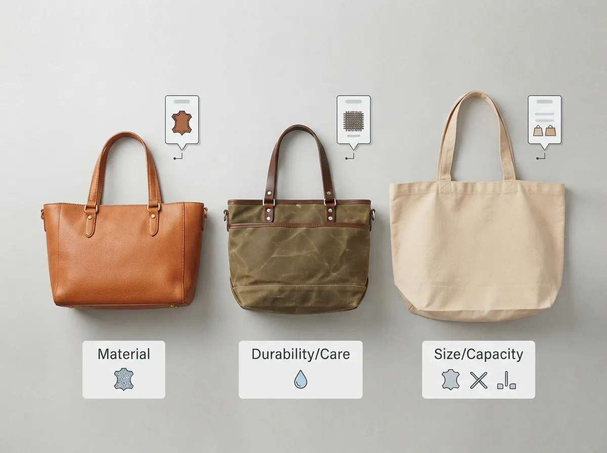Comparison of Coach purse materials, sizes, and styles laid out for decision-making.