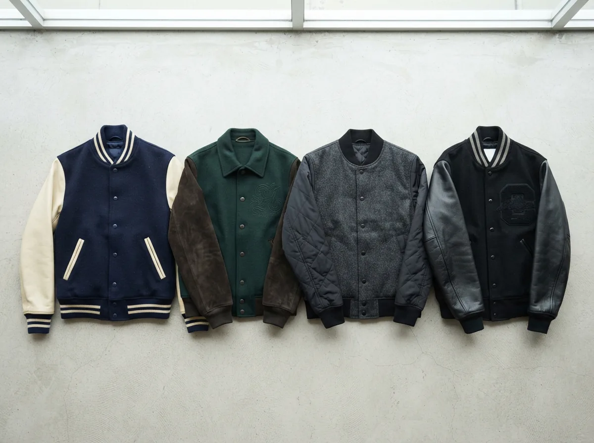 Close-up of various wool varsity jackets laid out on a table, showing different textures and colors for comparison.