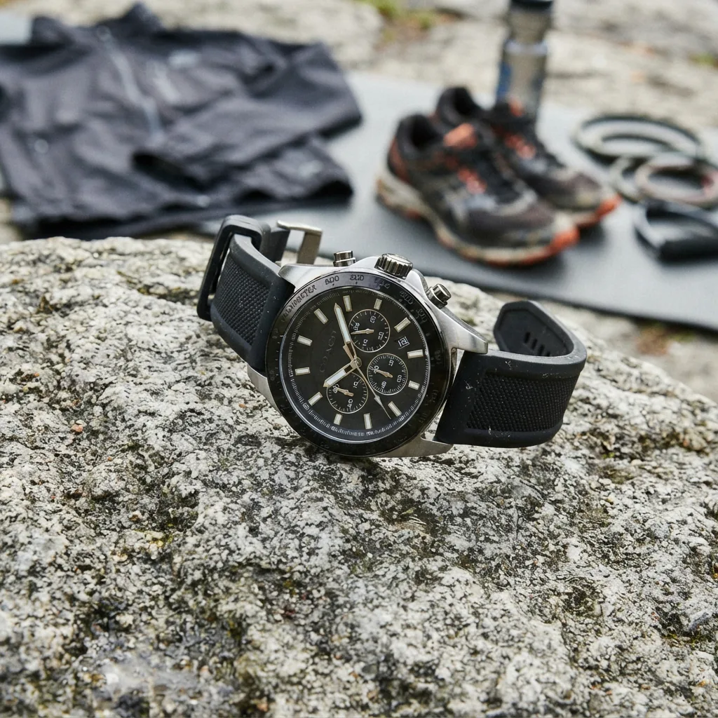 Coach Charter Men's Sport Chronograph Watch with rubber strap near a fitness setting.