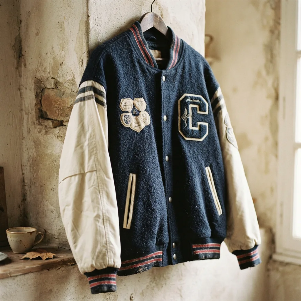 The Restored Oversized Classic Varsity Jacket from Coach displayed on a hanger, highlighting its recycled materials.