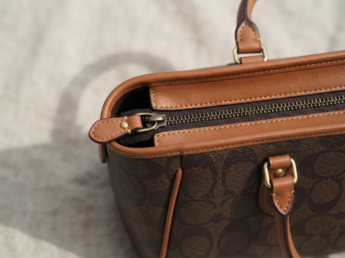 Close-up of the Coach Plaza Bag 18 showing its zip-top closure and refined leather details.