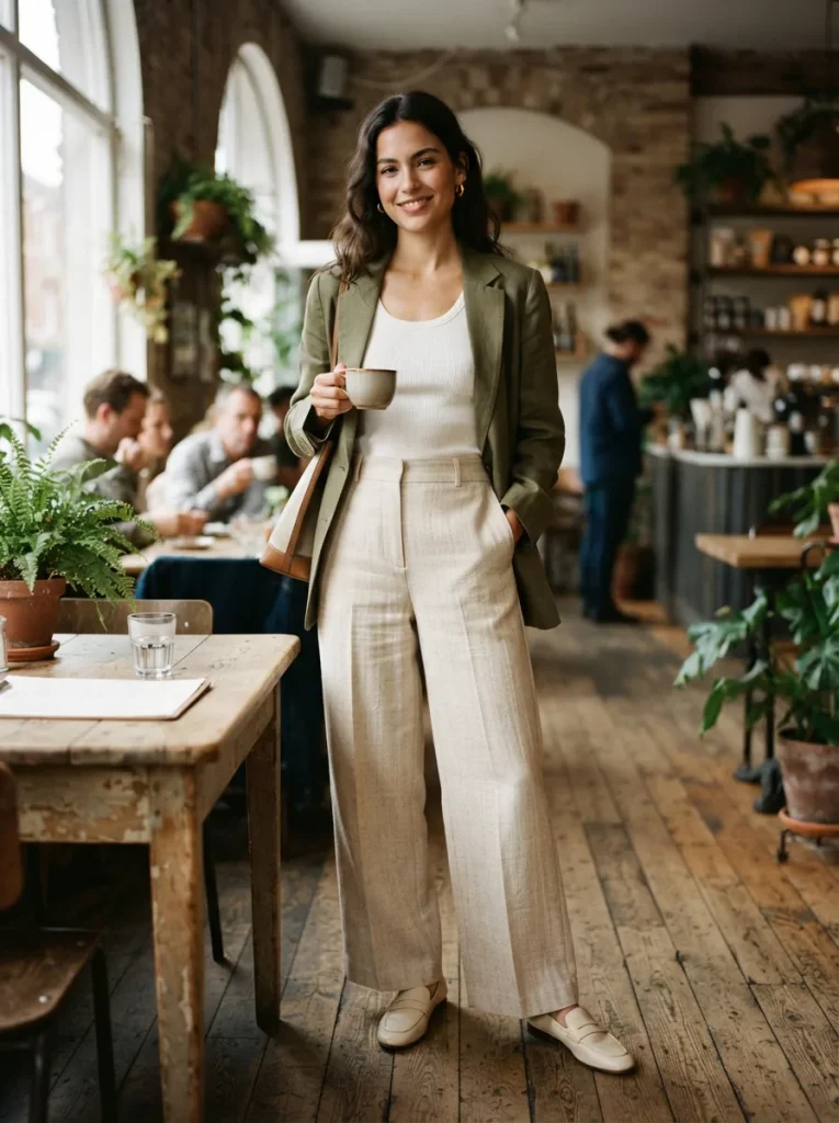 Coach Women's Heritage C Loom Organic Cotton Pants modeled in a sophisticated, everyday environment.