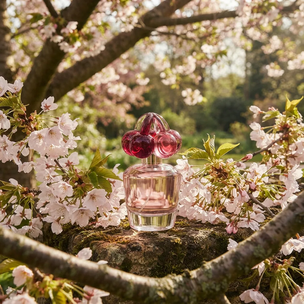 Coach Cherry Parfum bottle with cherry motifs in a fresh, outdoor setting.