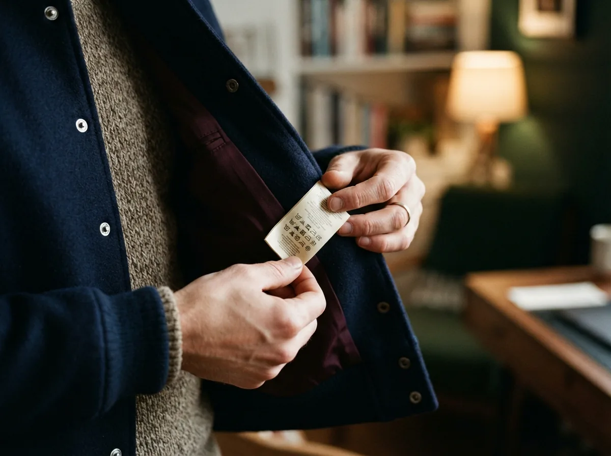 A customer reading a care label on a wool varsity jacket, demonstrating practical shopping help.