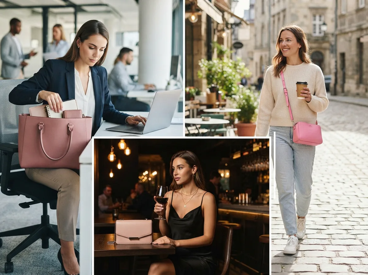 Pink Coach bags used in professional, casual, and evening scenarios.